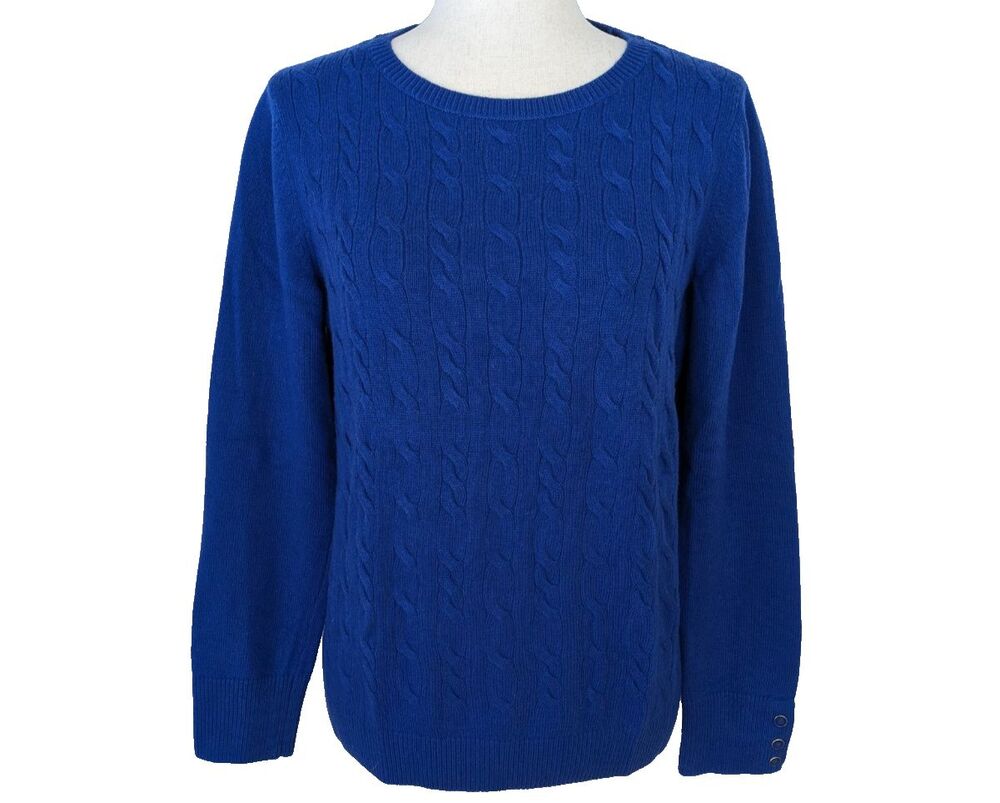 Talbots Womens LG Royal Blue Cotton Lambswool Cable Knit Pullover Sweater